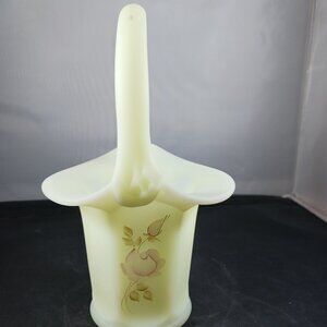 Fenton Satin Basket Custard Hand Painted Flowers Bottom Signed